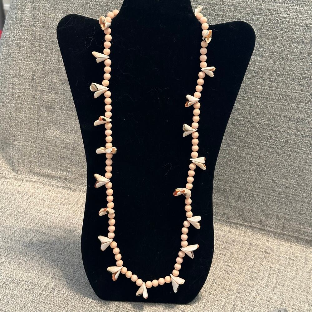 Vintage Les Bernard Inc Peach Bead Shell Necklace Long Signed Gold Tone 24”
